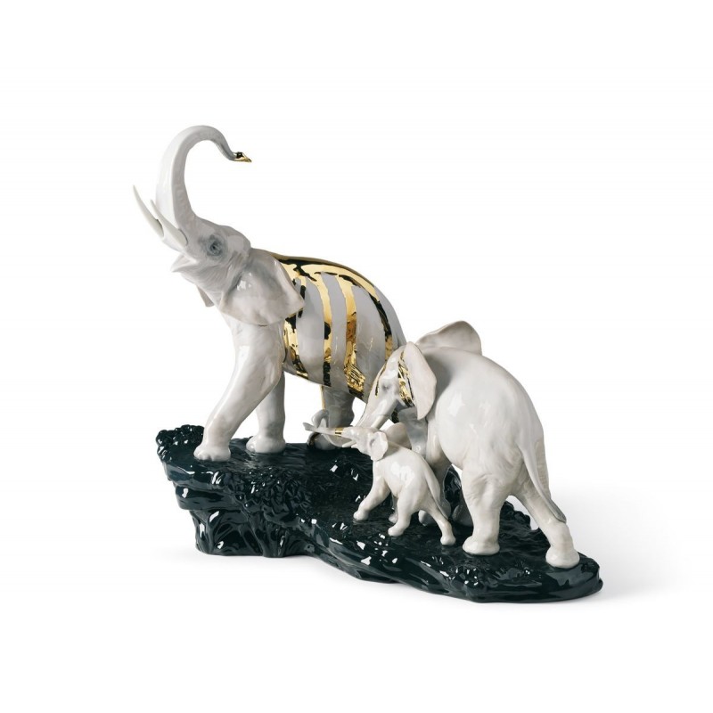 Figura de porcelana de Lladró Celebración - Elefantes en roca negra