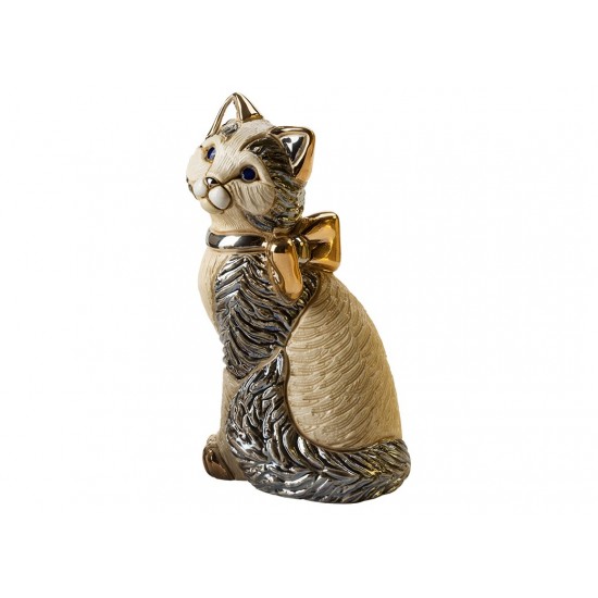Figura de cerámica de un gato con lazo